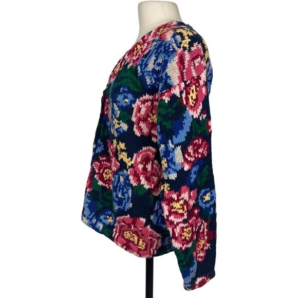 Vintage The Eagles Eye Hand Knit Floral Cardigan Sweater Large Black Pink Bold - Picture 3 of 8